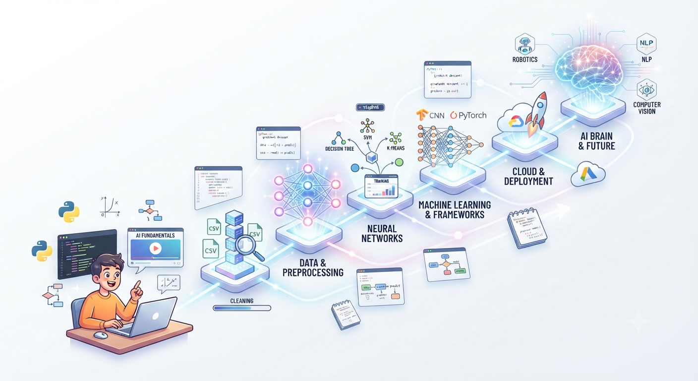 Machine learning and artificial intelligence learning roadmap illustration